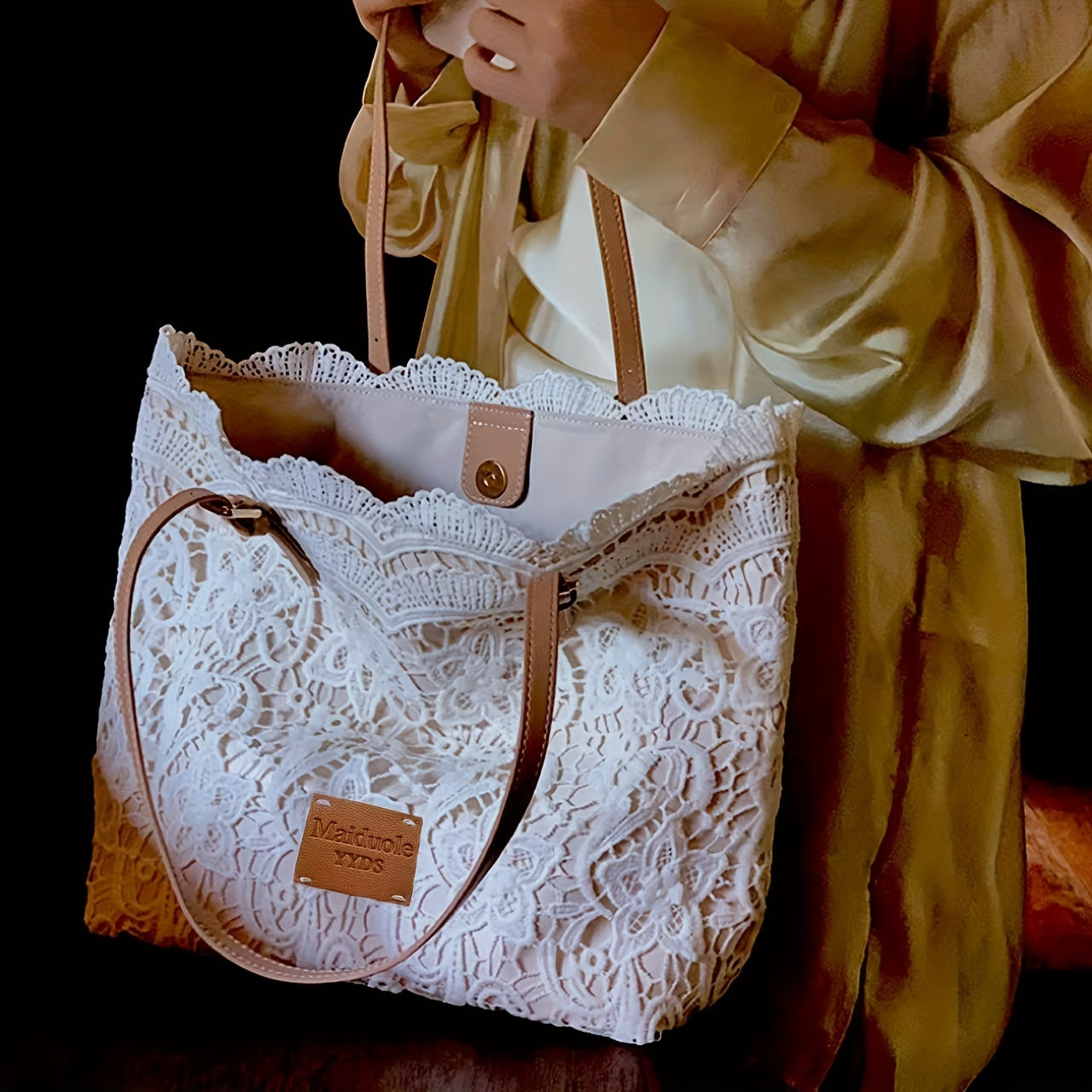 Women's Lace Shoulder Bag with Adjustable Strap Foldable Design and Wristlet