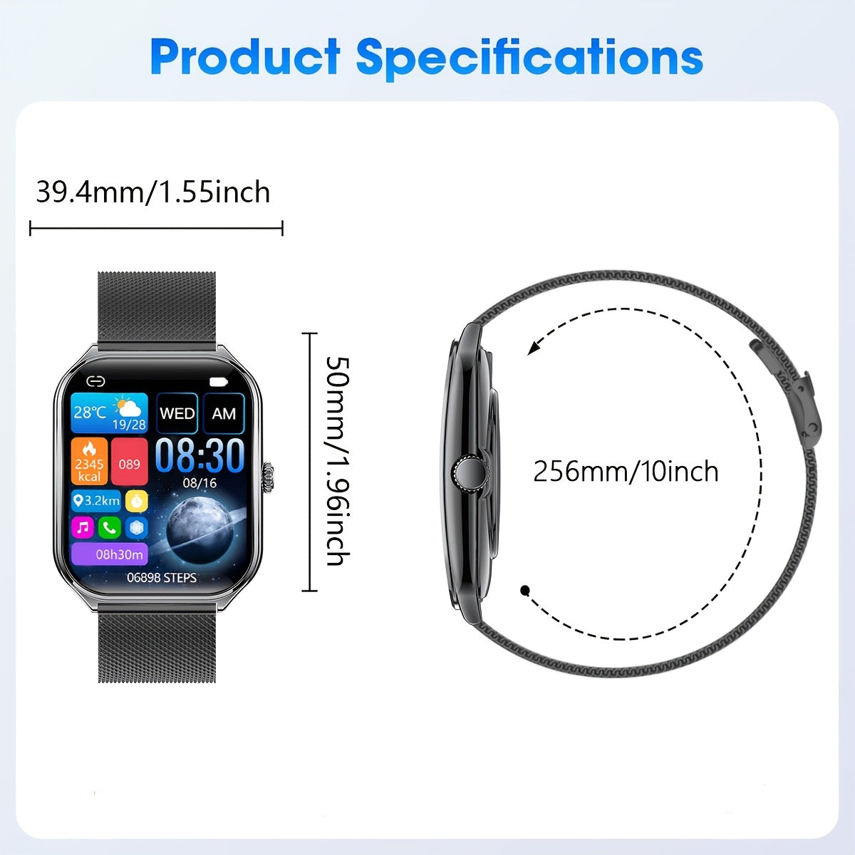 Ultra-Thin Smartwatch with Full Touch Display Dual Screen USB Charging Stainless Steel Case Fitness Tracking Calls Messages Music Control for Android iPhone