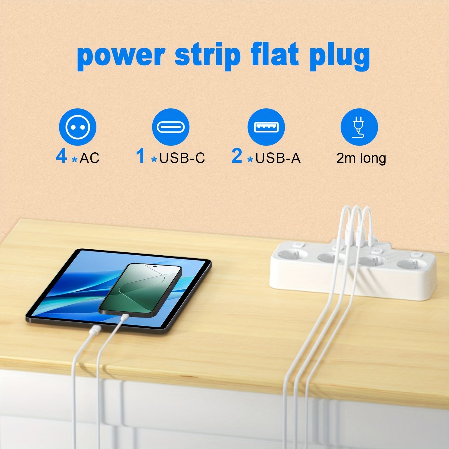 Power Strip with 4 Outlets USB Ports Surge Protector 2m Extension Cord European Plug