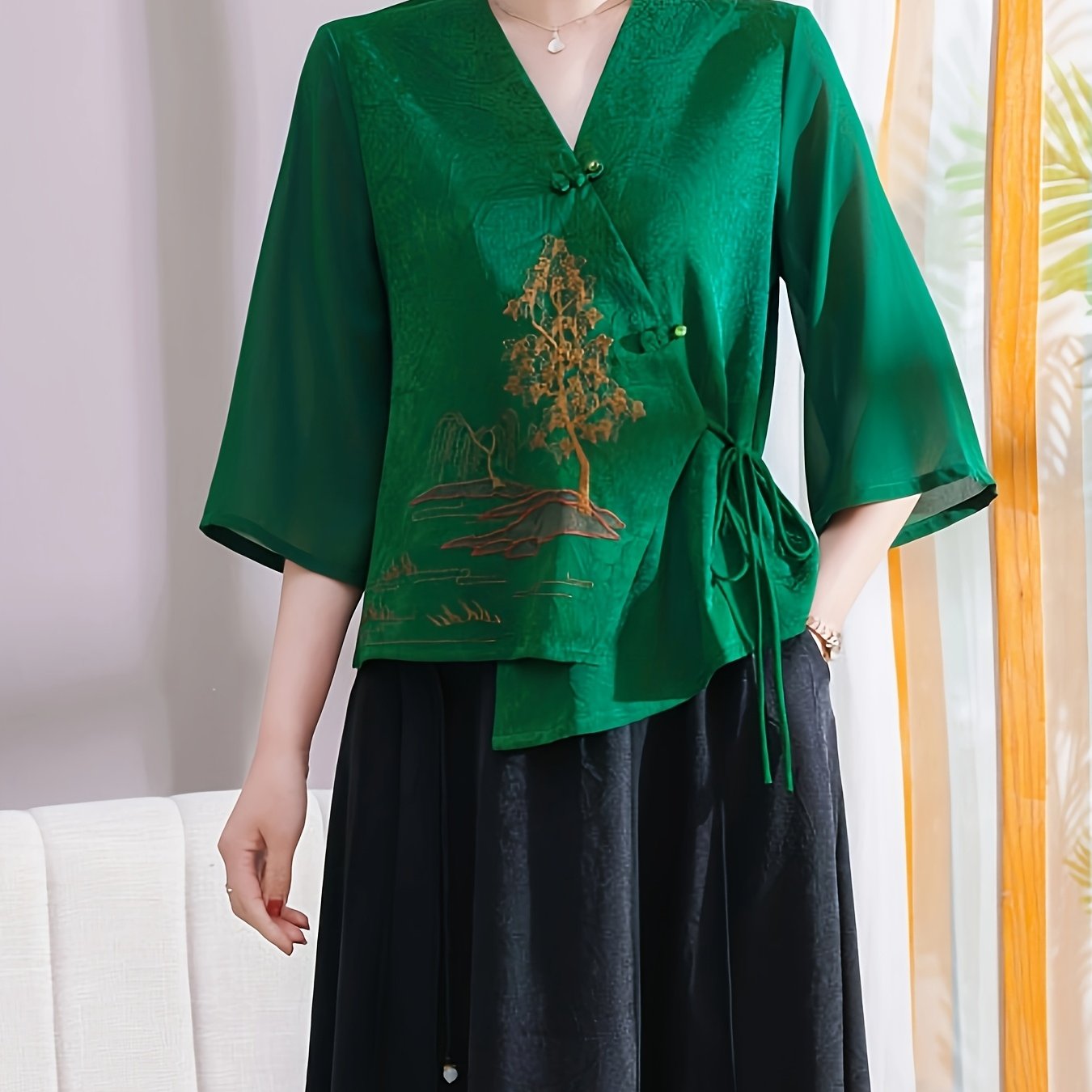 Women's V-Neck Blouse with Asymmetrical Hem Short Sleeve Casual Dressy