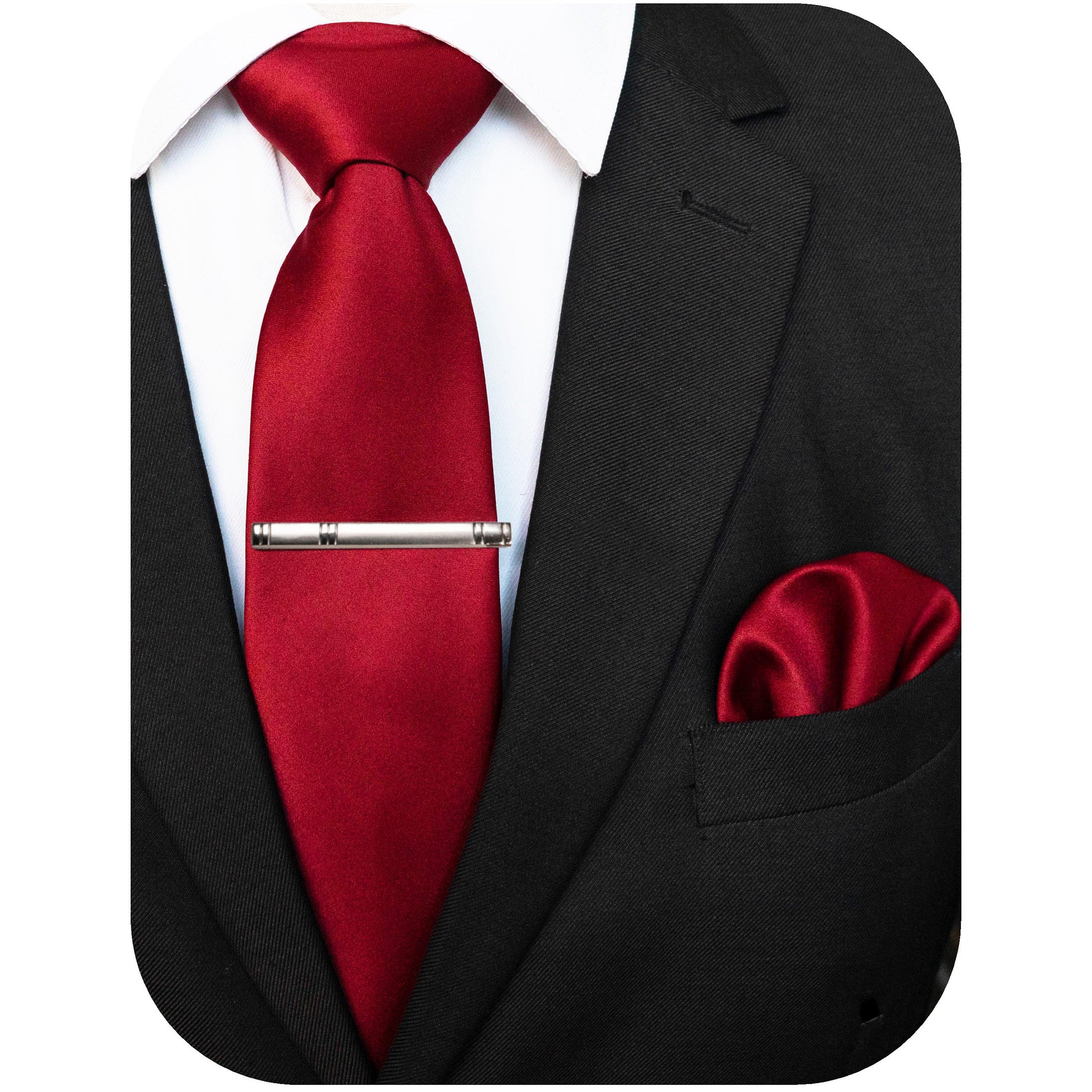 Men's Solid Color Tie and Pocket Square Set with Tie Clip for Business and Wedding