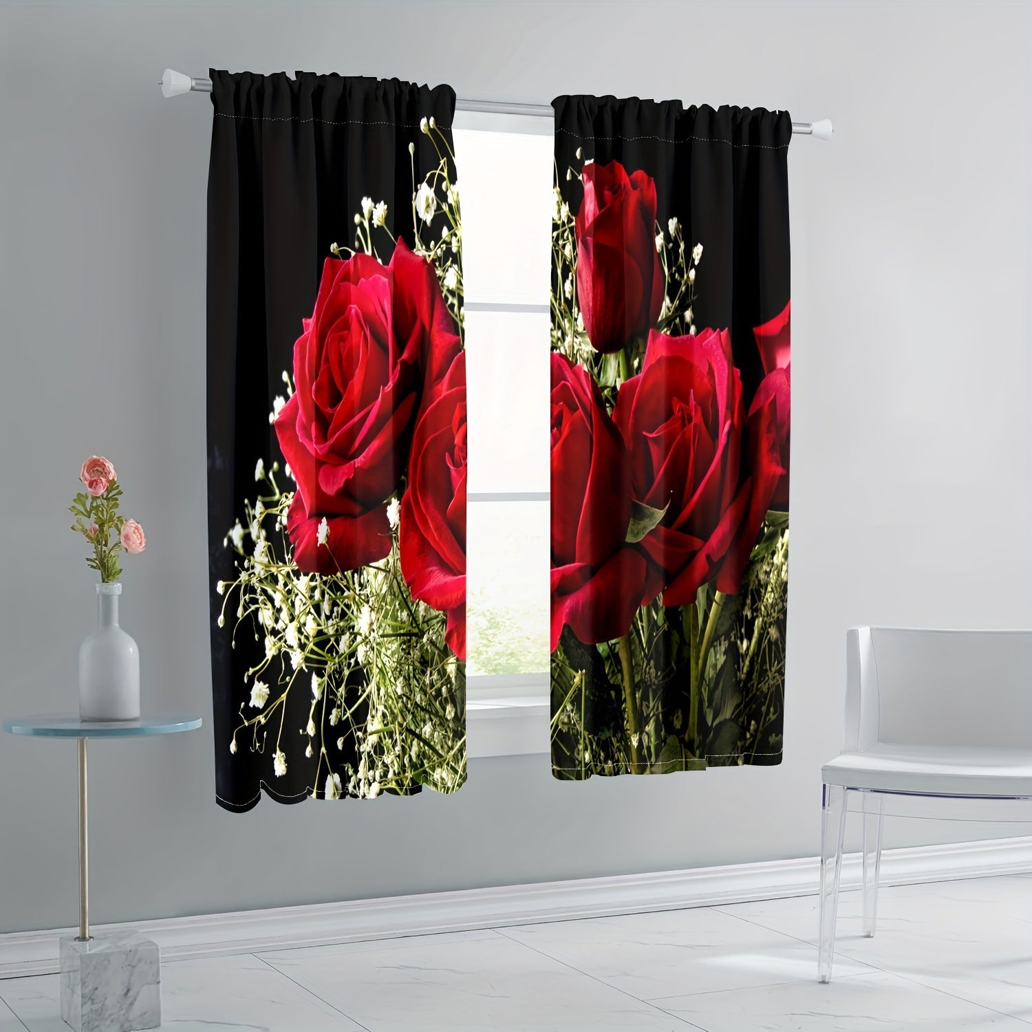 Red Rose Themed Curtains for Privacy and Decoration, Translucent, Romantic Style