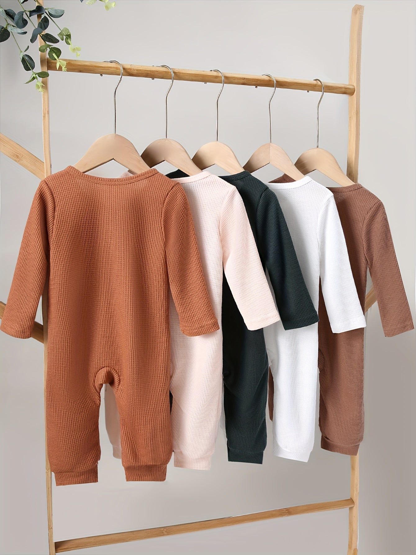 Baby Girl Long Sleeve Waffle Romper Set 5 Pieces Solid Color Fall Winter Outdoor