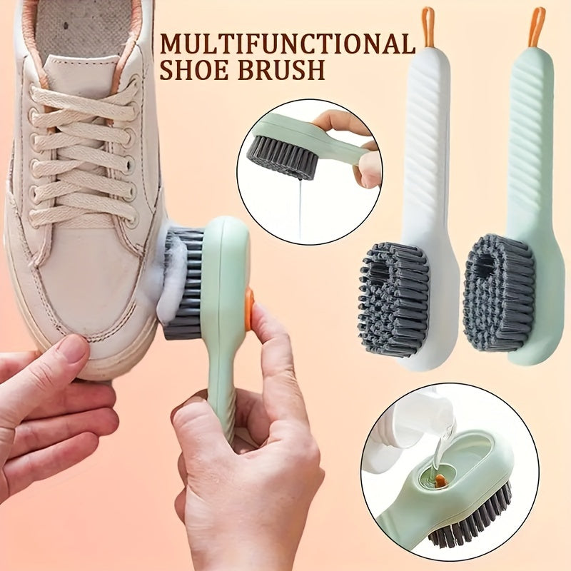Ergonomic Shoe Brush with Long Handle Built-in Soap Dispenser Soft Bristles for Shoes Boots Jewelry