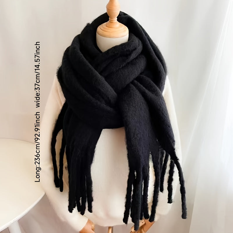 Women's Cozy Plush Solid Color Scarf with Tassels Warm Windproof Winter Shawl