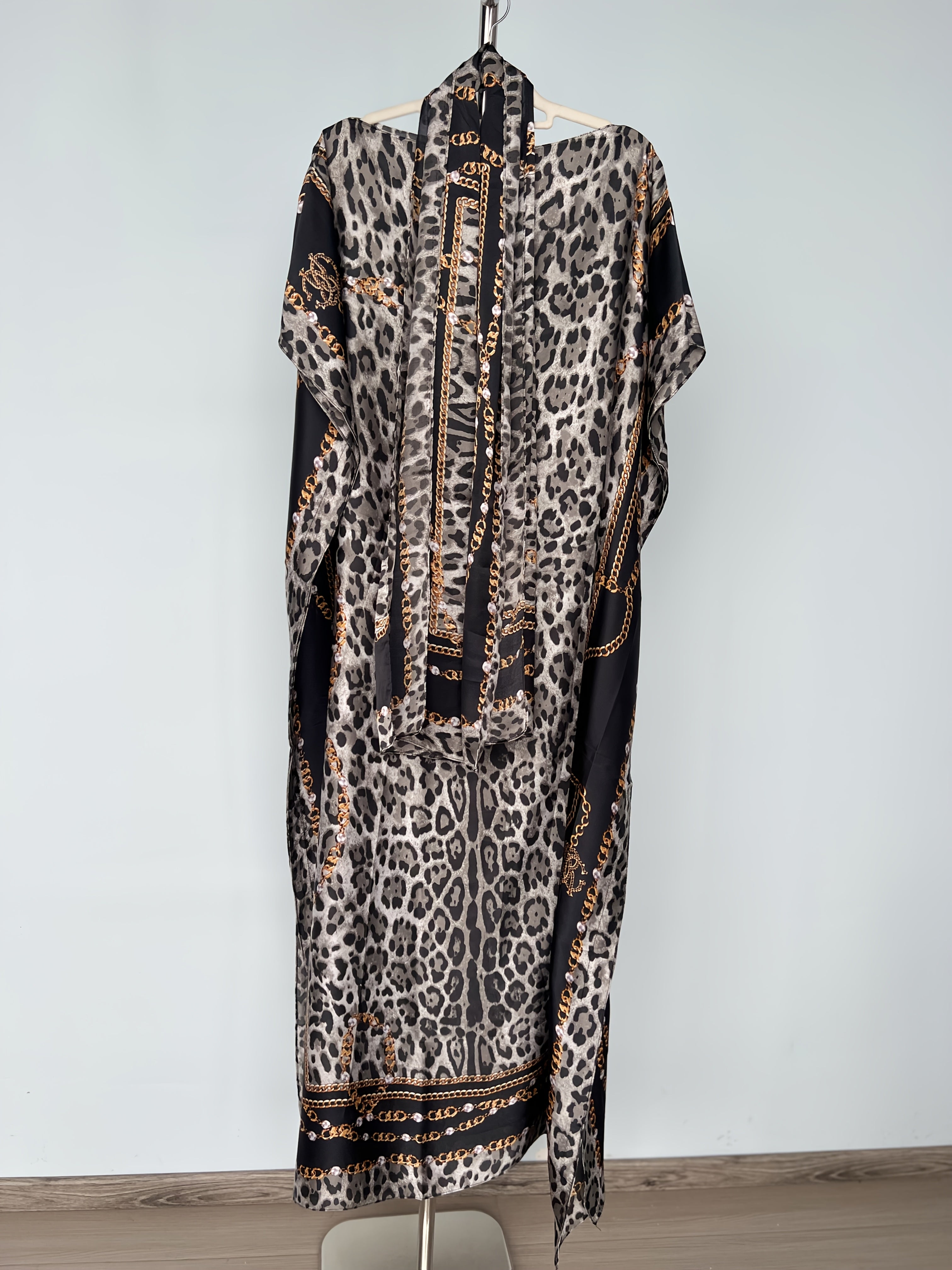 Plus o'lcham ayollar uchun kulrang leopard bosma batwing qo'lqopli maxi kiyinadigan kundalik va partiyali kiyim