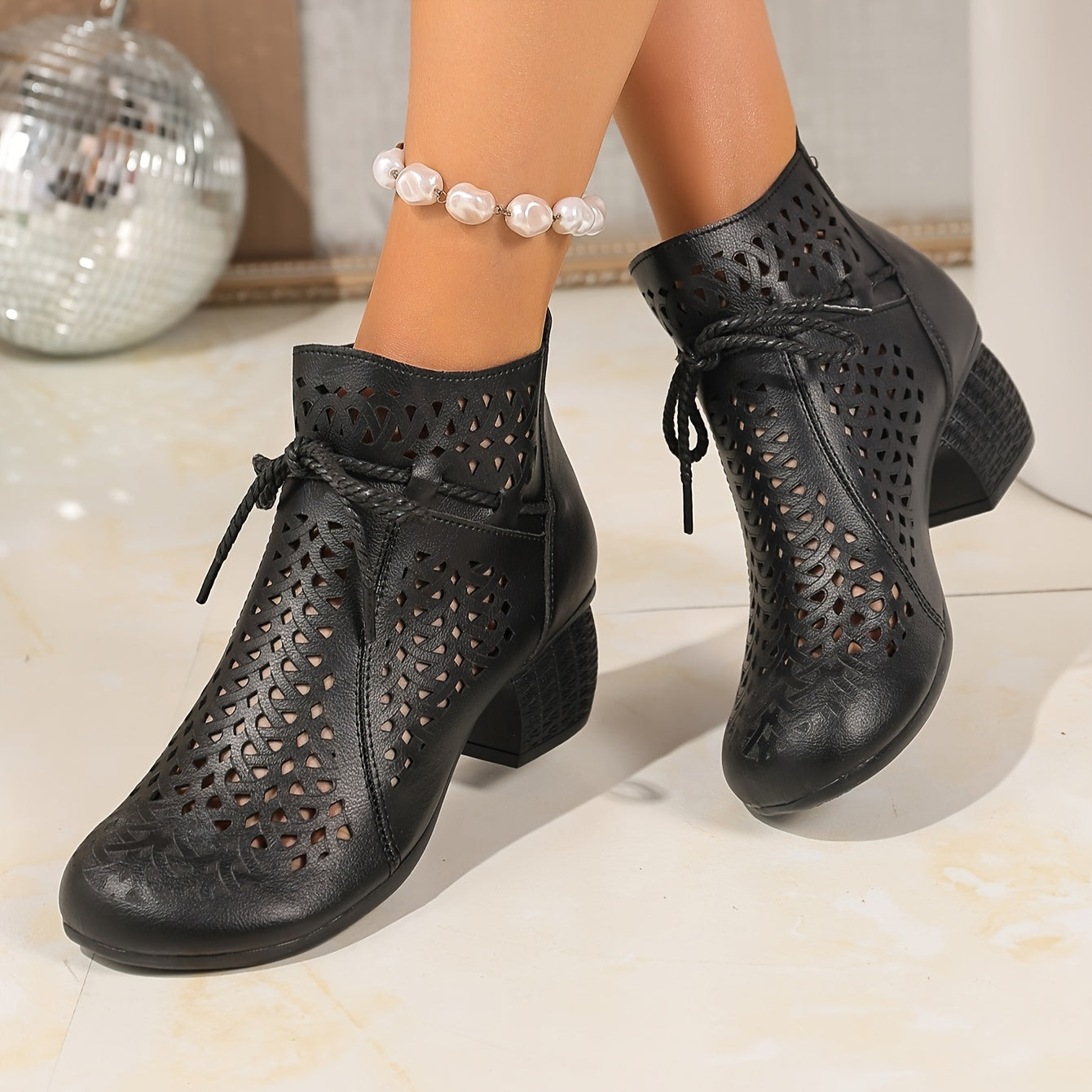 Women's Ethnic Cut-Out Ankle Boots with Bow Faux Leather Chunky Heel Black