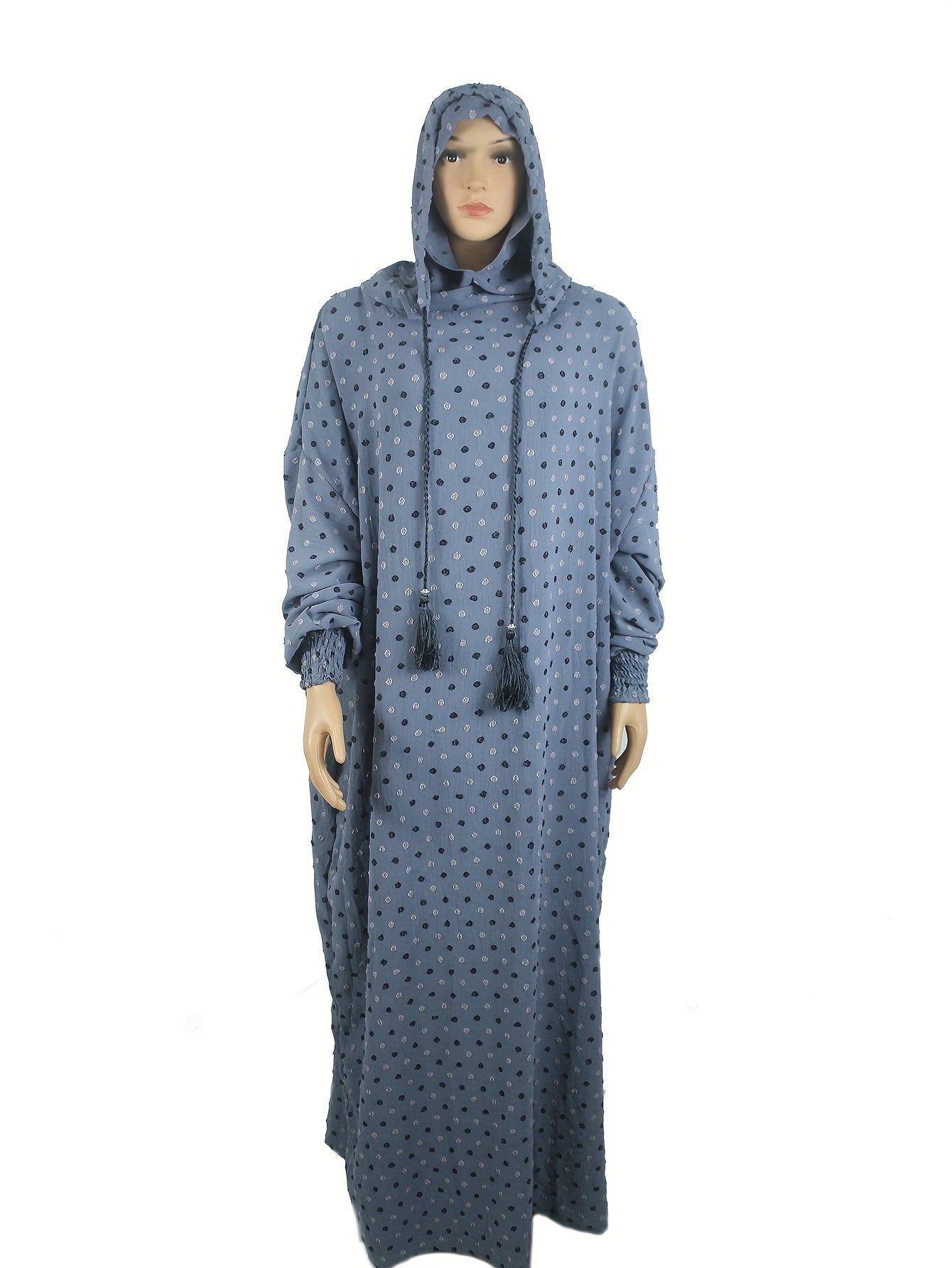 Plus Size Middle Eastern Abaya Turkish Kaftan Dress Blue White Polka Dot Muslim Wear