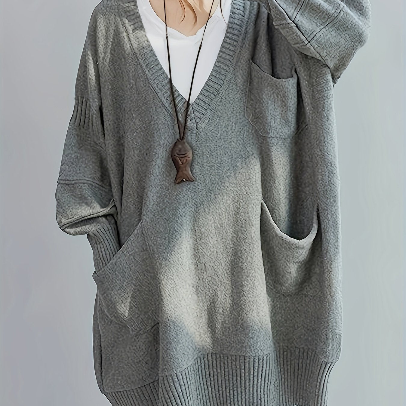 Plus Size Women's V-Neck Oversized Sweater Black Longline Casual Pullover