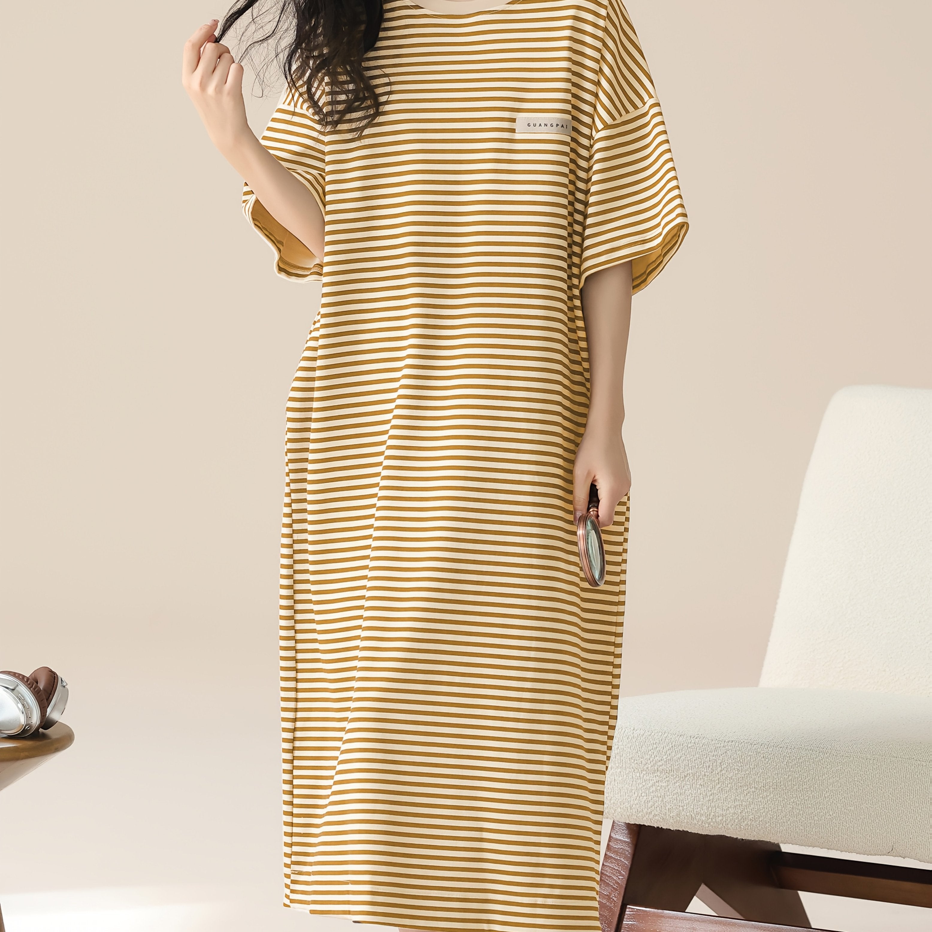 Plus Size Women's Sleep Dress Polyester Striped Long Lounge Wear