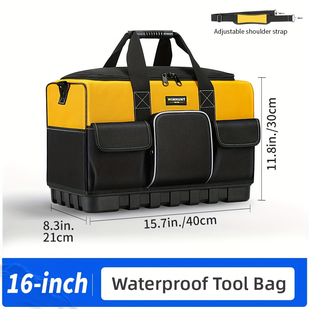 Large Waterproof Heavy Duty Tool Bag with Molded Base Polyester Black Yellow Adjustable Shoulder Strap