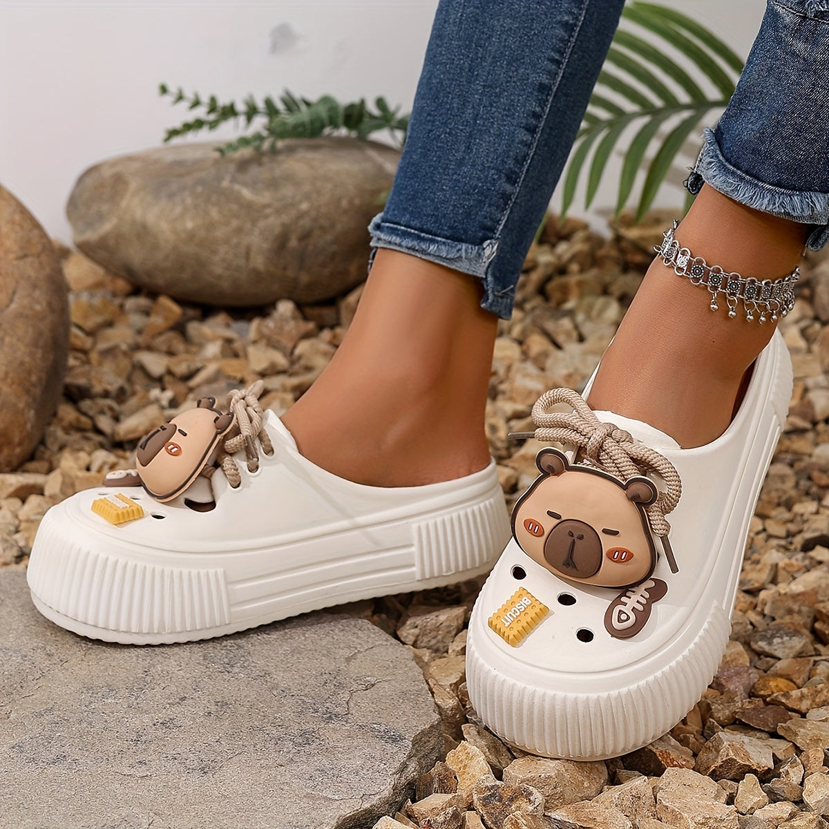 Women's Summer White EVA Clogs with Bear Charm and Thick Sole
