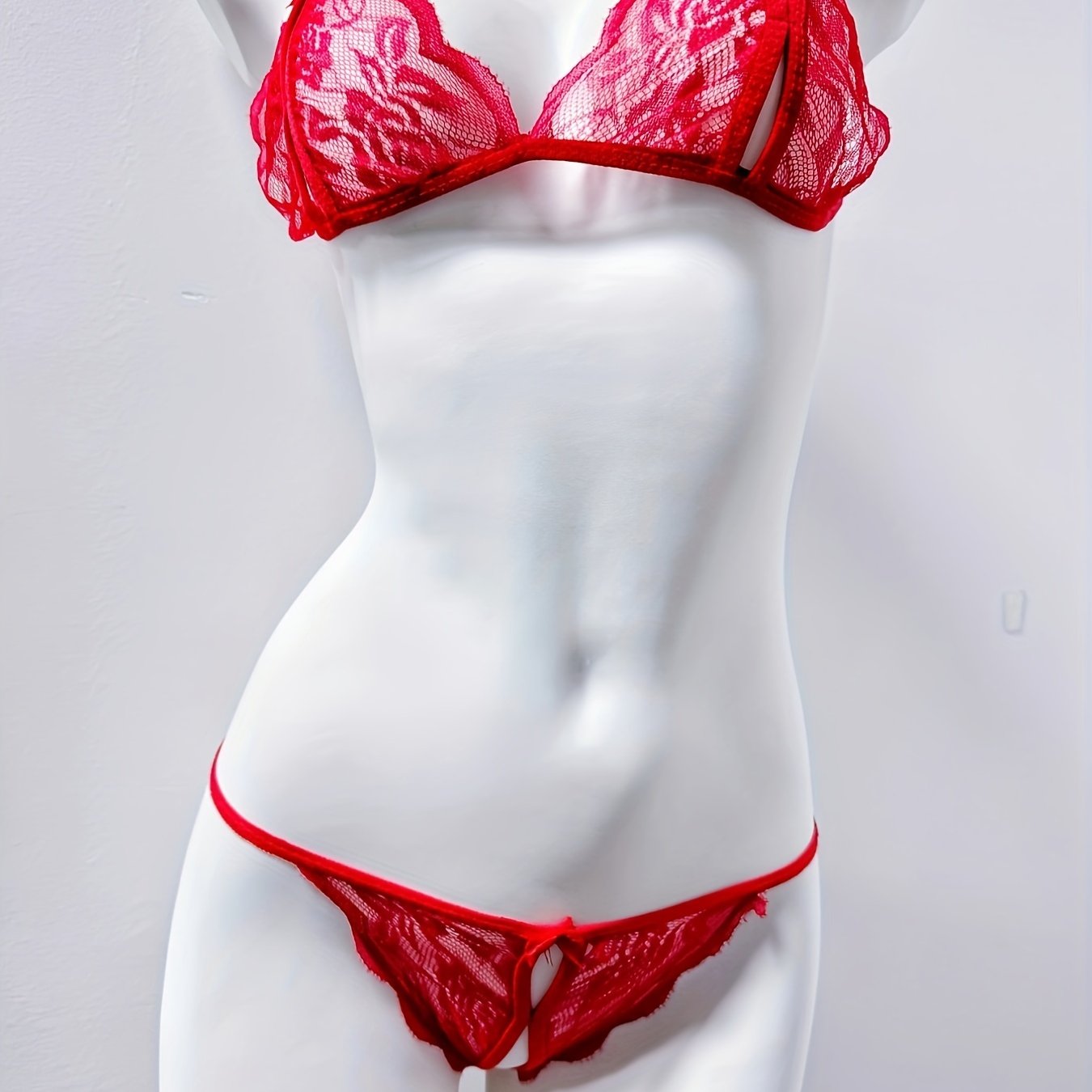 Women's Floral Lace Lingerie Set Triangle Bra and Open Crotch Thong