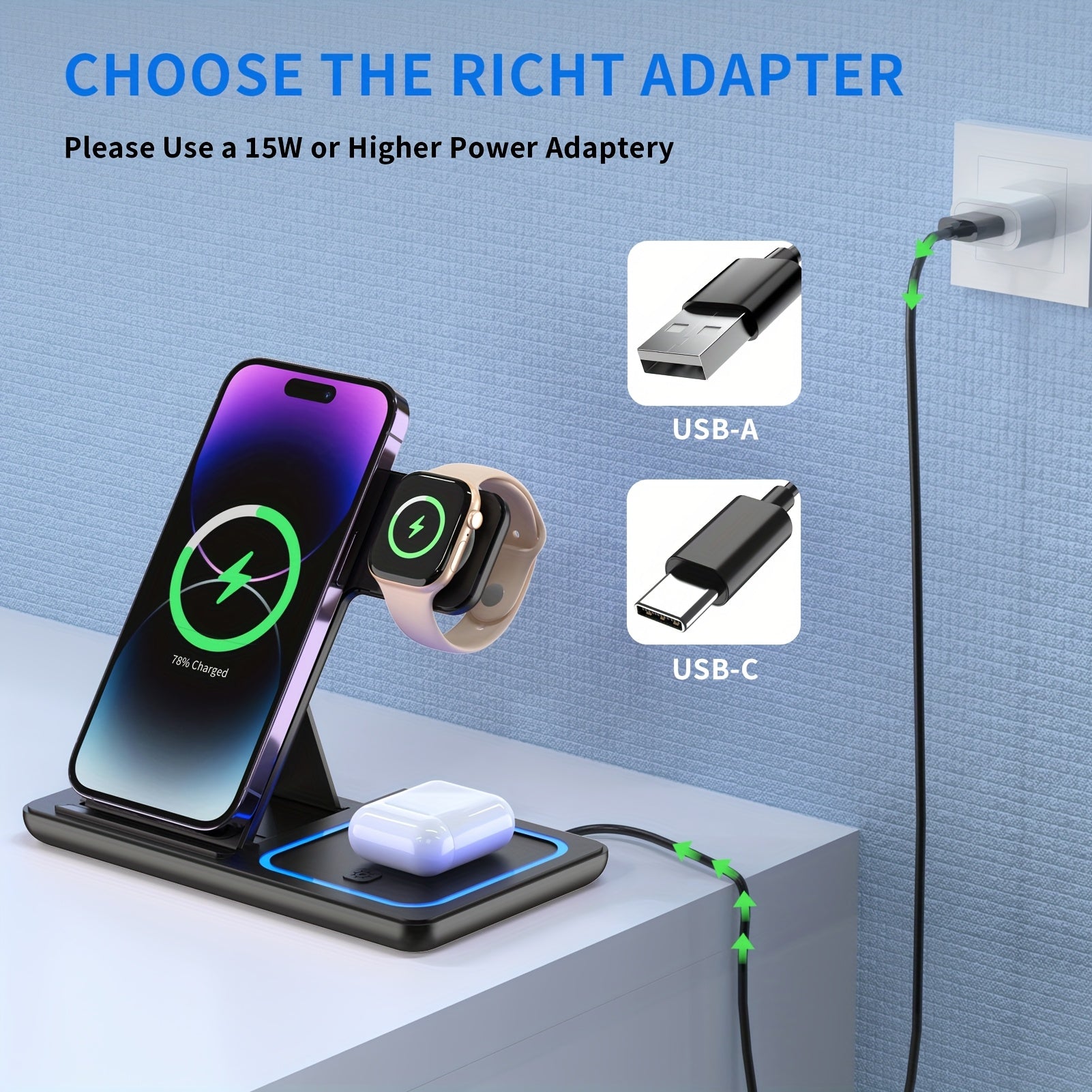 3-in-1 Wireless Charging Stand for iPhone, Apple Watch, AirPods