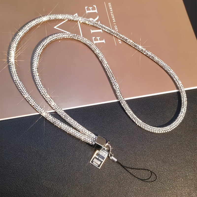 Chic Crystal Necklace Phone Holder for Women with Keychain Black Lanyard