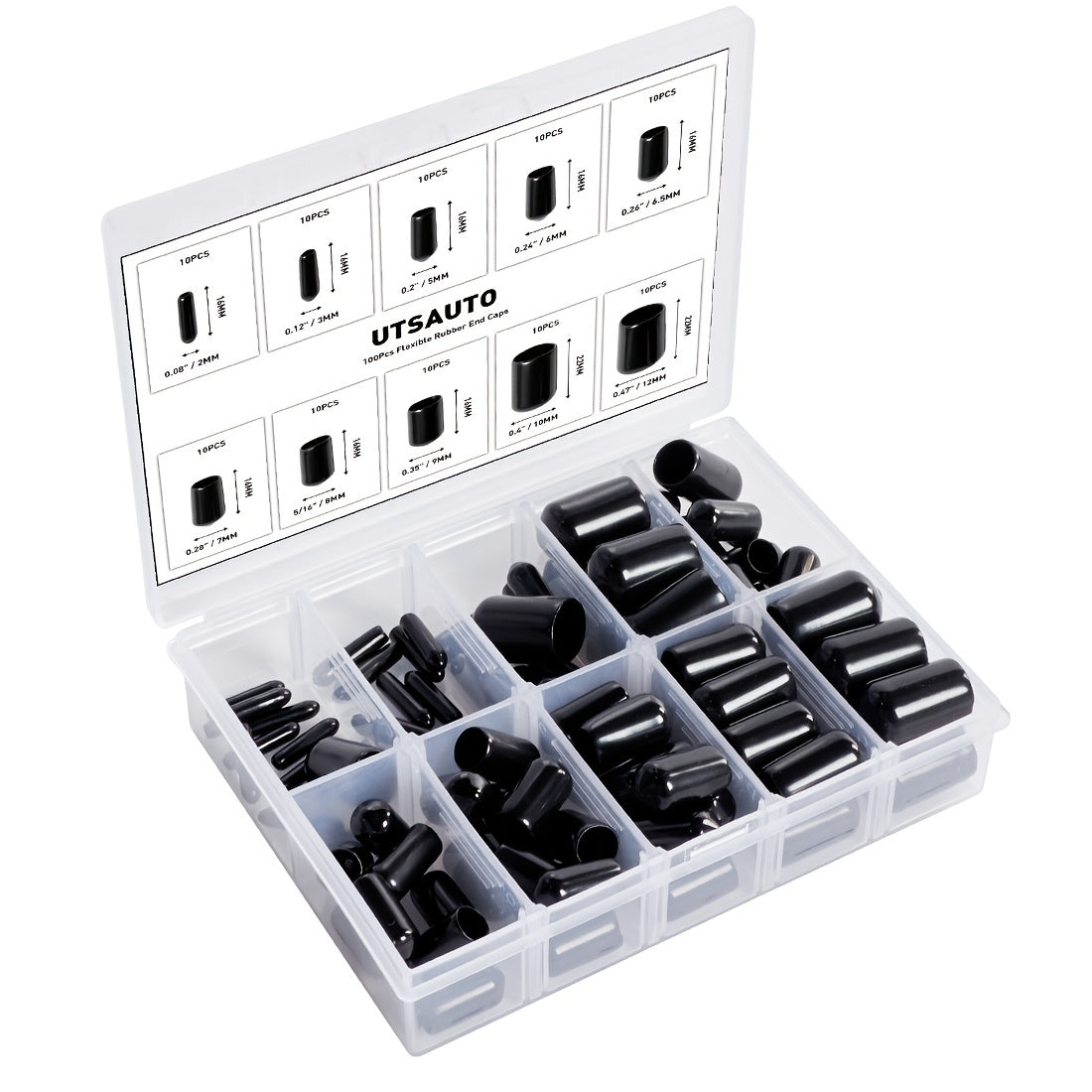 100Pcs Flexible Rubber End Caps Kit for Tubes and Screws in 10 Sizes