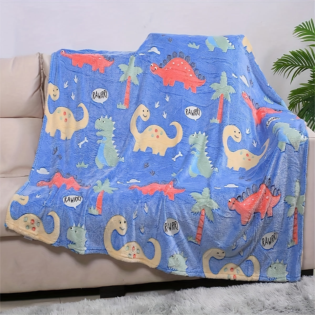 Kids' Glow-in-the-Dark Dinosaur Blanket with Cartoon Dinos and Palm Trees in 3 Sizes