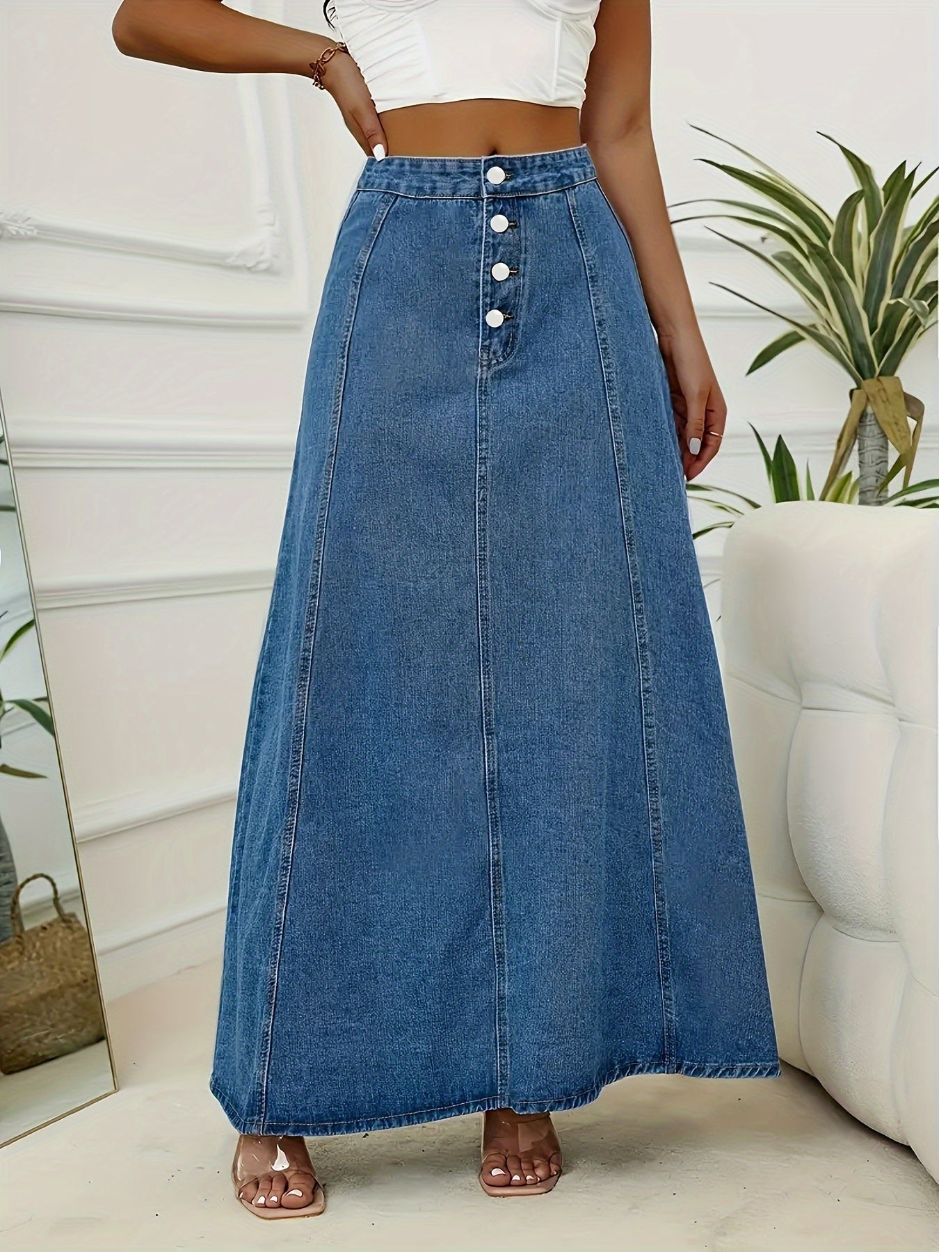 Plus Size Washed Blue High Rise Maxi Denim Skirt for Fall Casual Flared Style
