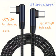 60W USB-C to USB-C Braided Charging Cable 90-Degree Right Angle Data Transfer Compatible with Smartphones Tablets