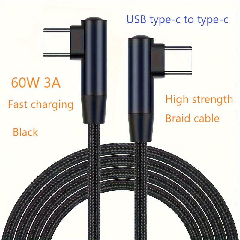 60W USB-C to USB-C Braided Charging Cable 90-Degree Right Angle Data Transfer Compatible with Smartphones Tablets