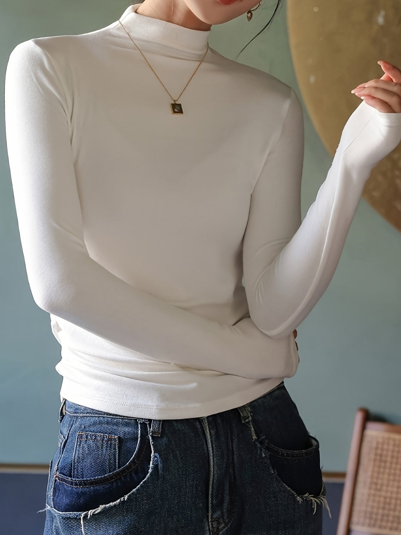 Women's High Neck Slim Fit Polyester Blouse for Fall Winter