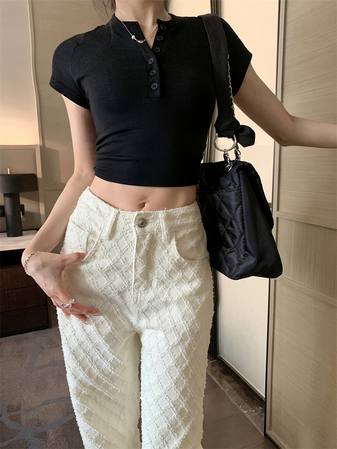 Women's Beige Textured Fabric Straight Leg Jeans with Slash Pockets