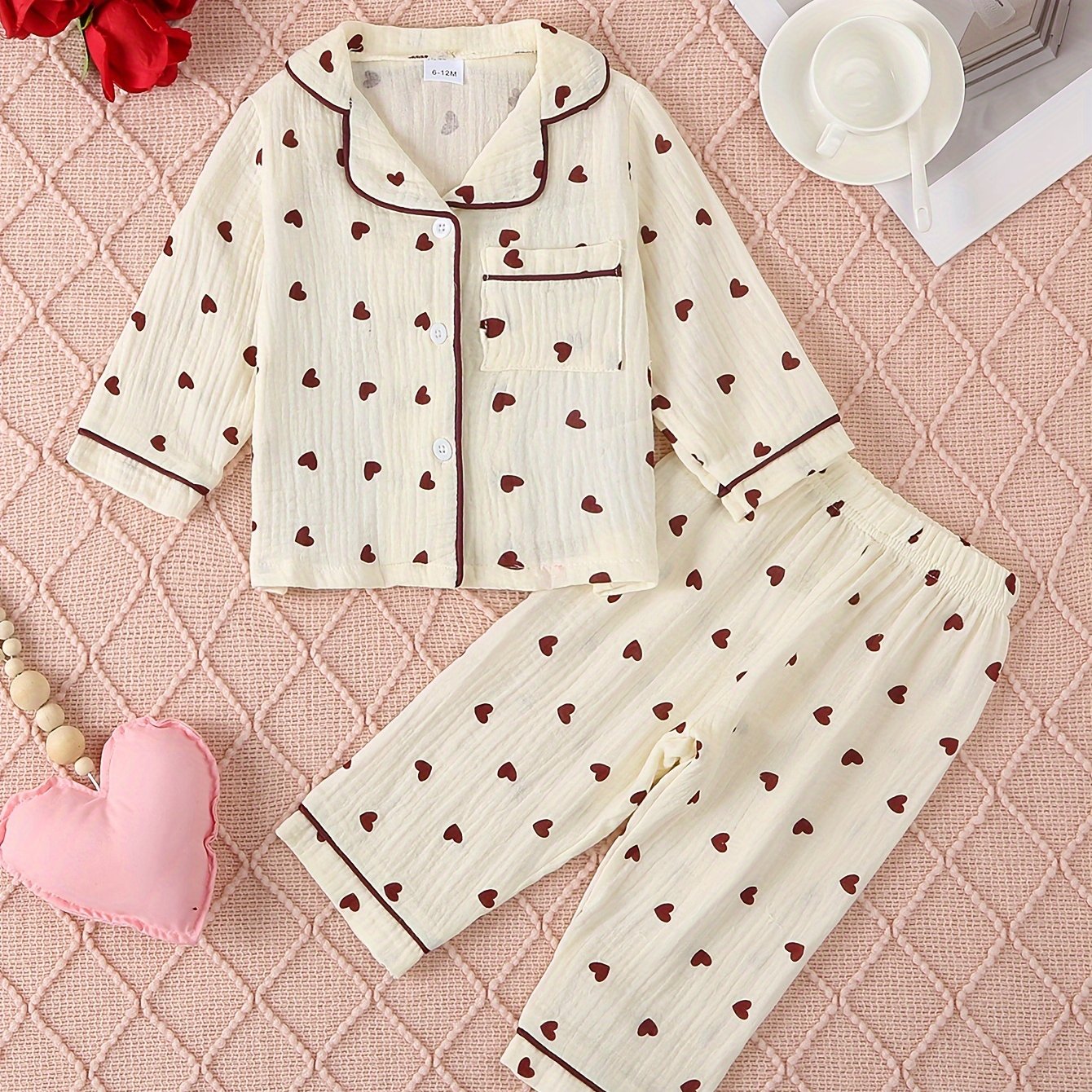 Girls All-Season Cotton Pajama Set with Heart Print Lapel Collar Loose Fit Sleepwear for Over 3 Years