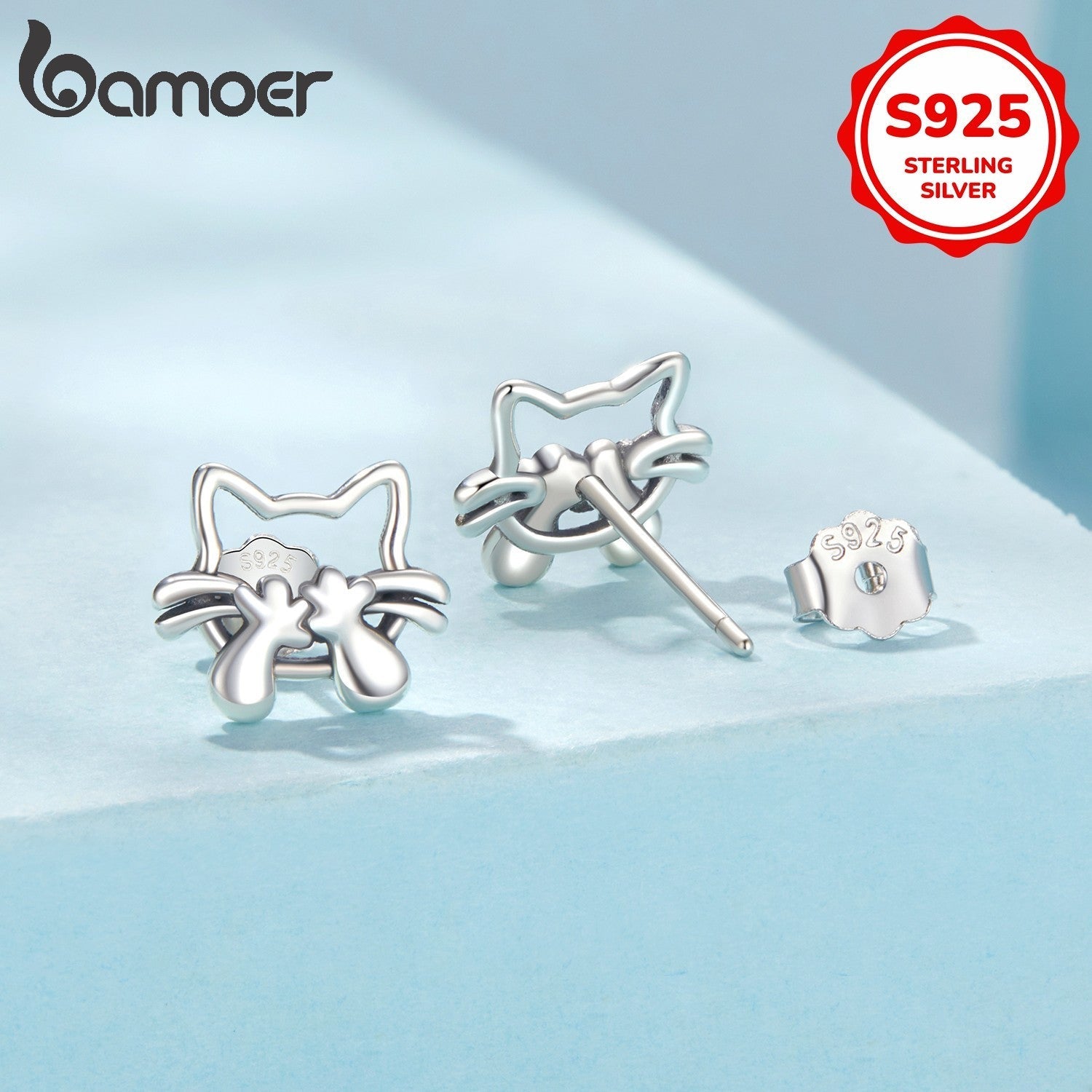 Sterling Silver Cartoon Cat Stud Earrings Hypoallergenic Jewelry for Women