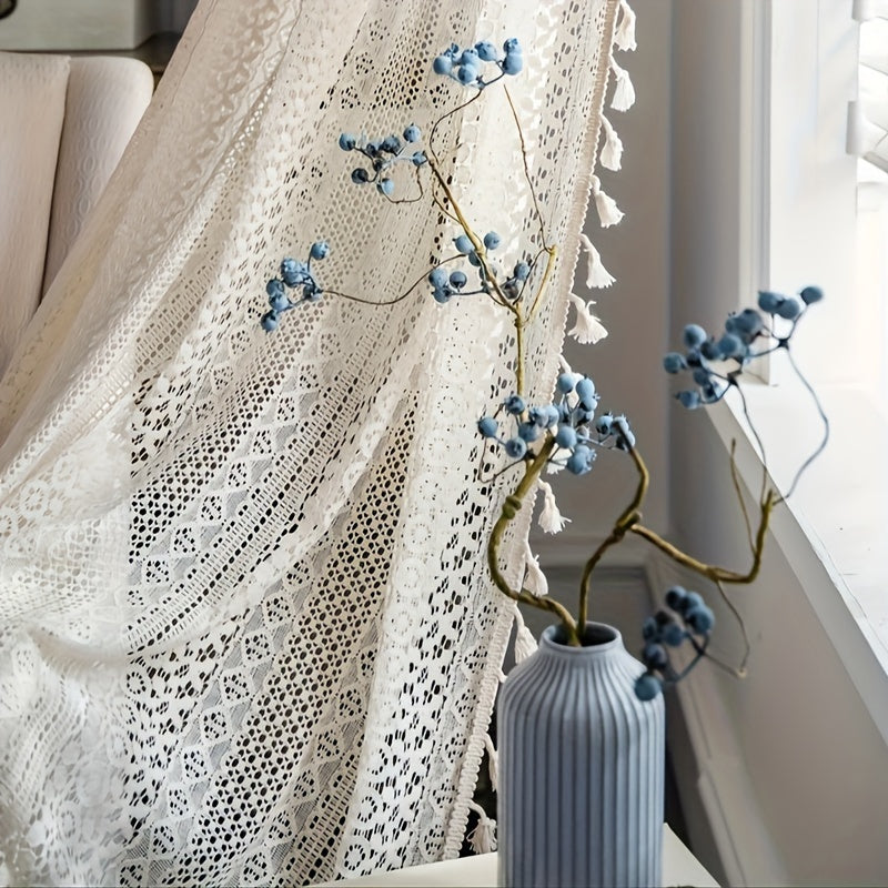 Bohemian Style Pop Hollow Curtains Beige Tassel Translucent Curtain Set for Living Room Bedroom