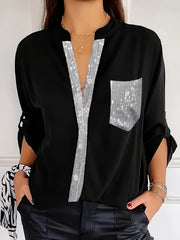 Women's Polyester Long-Sleeve Button-Up Shirt with Patch Pockets Casual All-Season