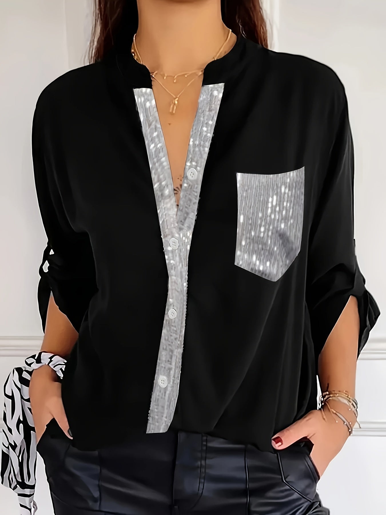 Women's Polyester Long-Sleeve Button-Up Shirt with Patch Pockets Casual All-Season