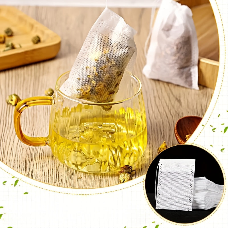 Pack of 100 Disposable Tea Bags with Drawstring, Clear Non-Woven Fabric, Scented Tea Leaves