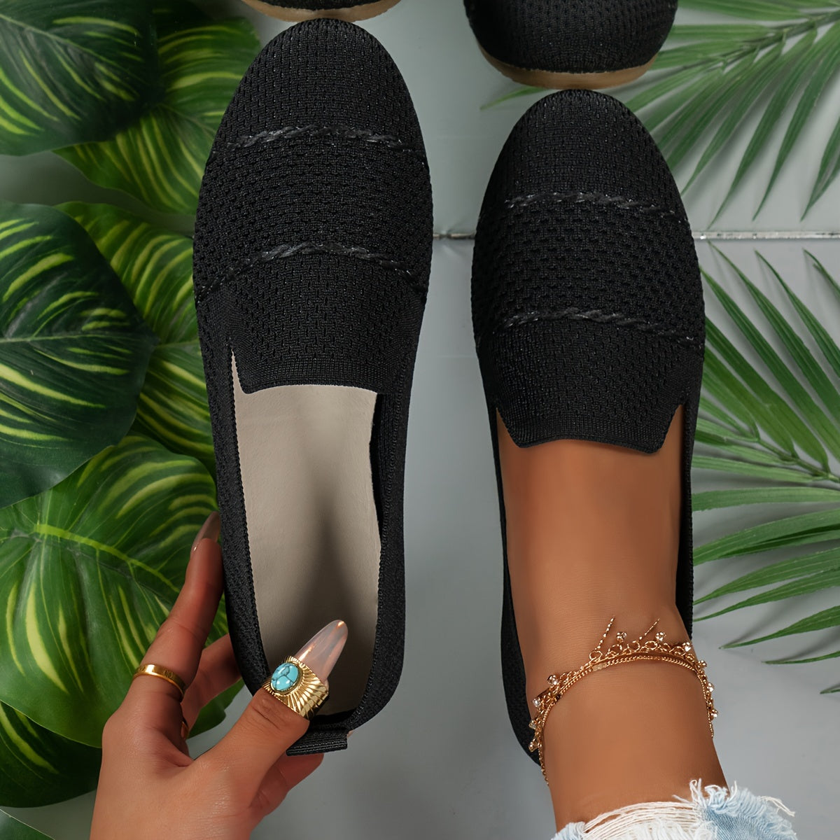 Women's Knitted Flat Shoes Breathable Slip-On Casual Flats