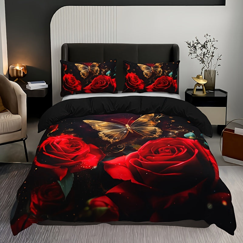 3-Piece Romantic Rose Butterfly 3D Duvet Cover Set with 2 Pillowcases Soft Breathable Polyester Bedding for Home Dorm Decor
