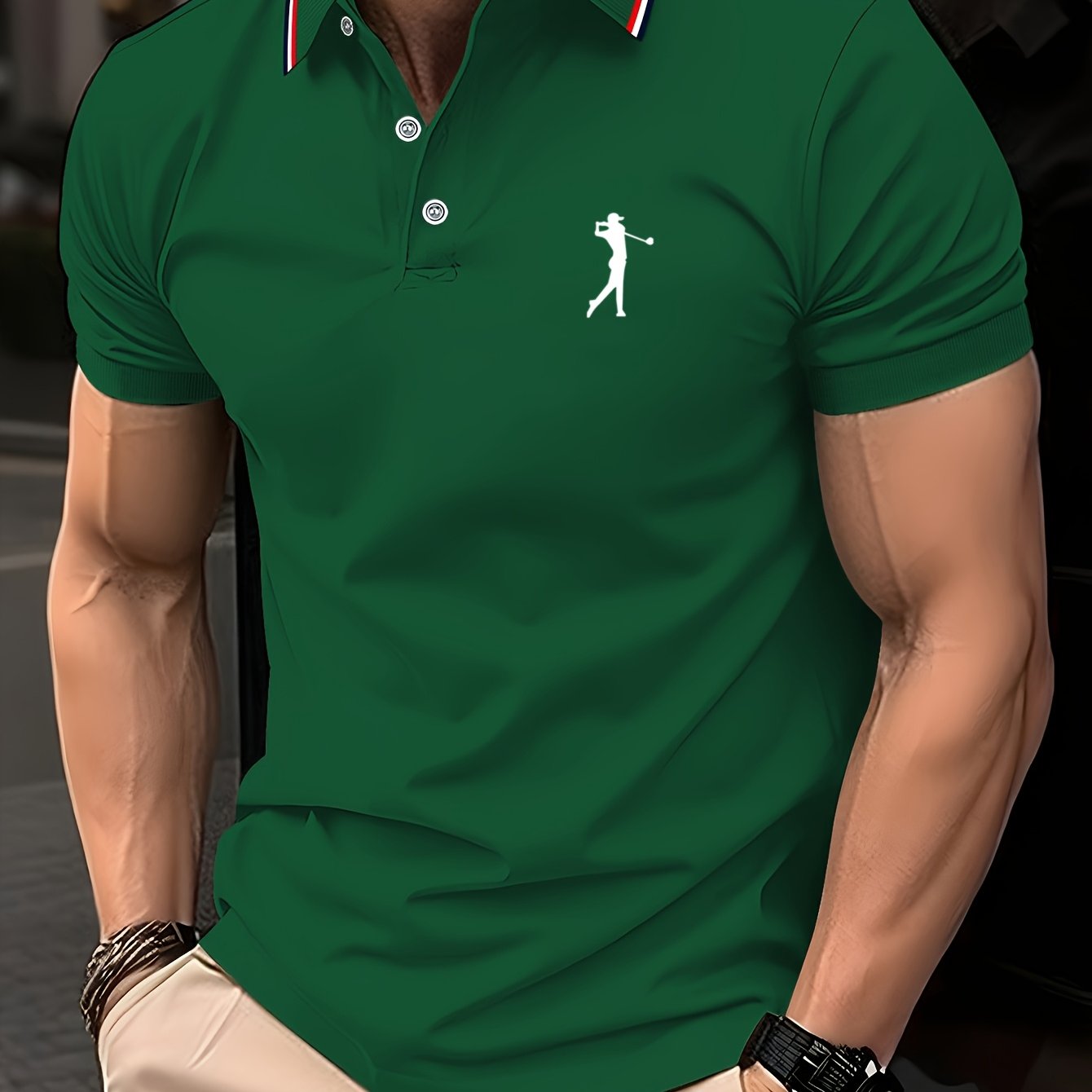 Men's Summer Golf Print Polo Shirt with Geometric Pattern and Short Sleeves