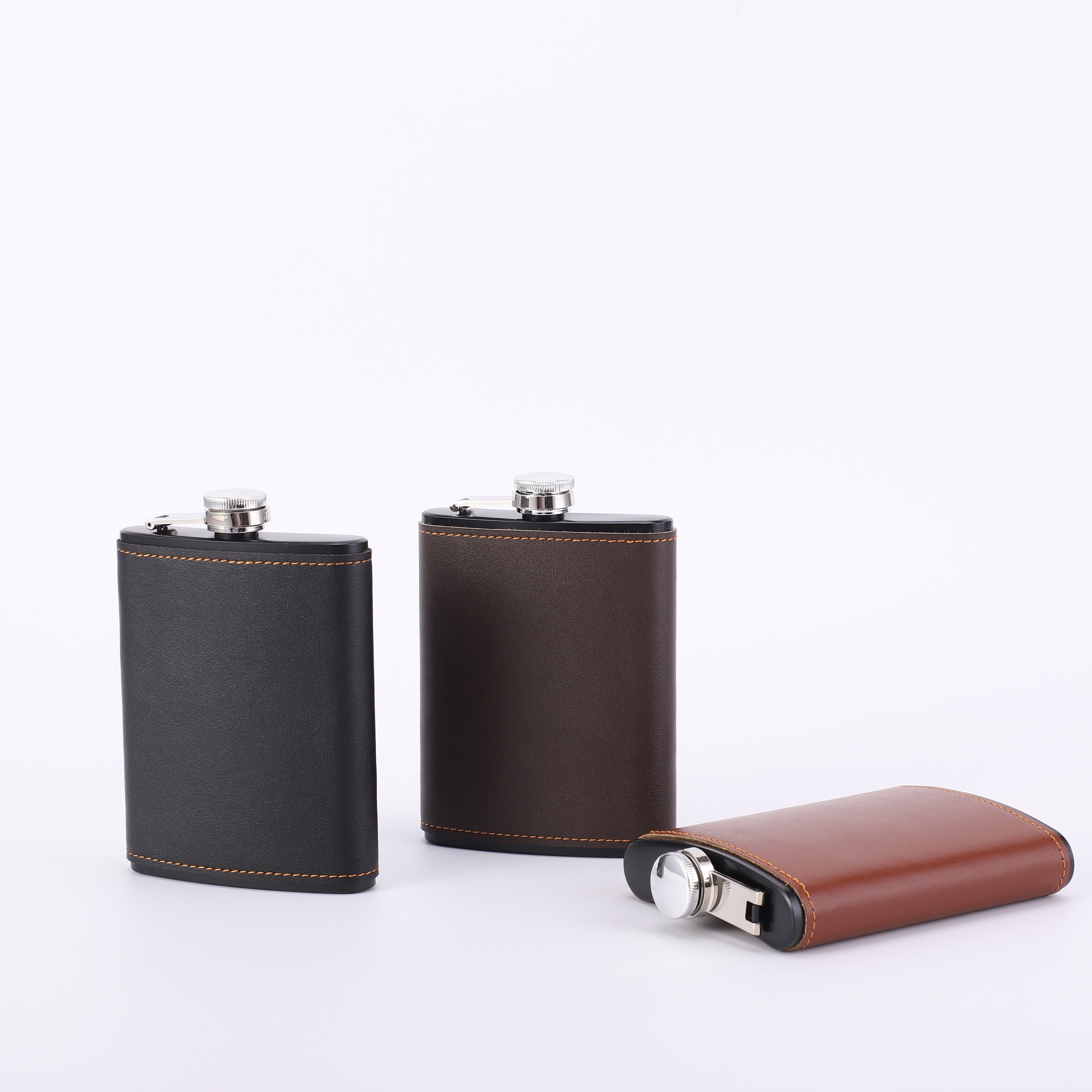 8-Ounce Stainless Steel Hip Flask with Faux Leather Case in Black or Brown