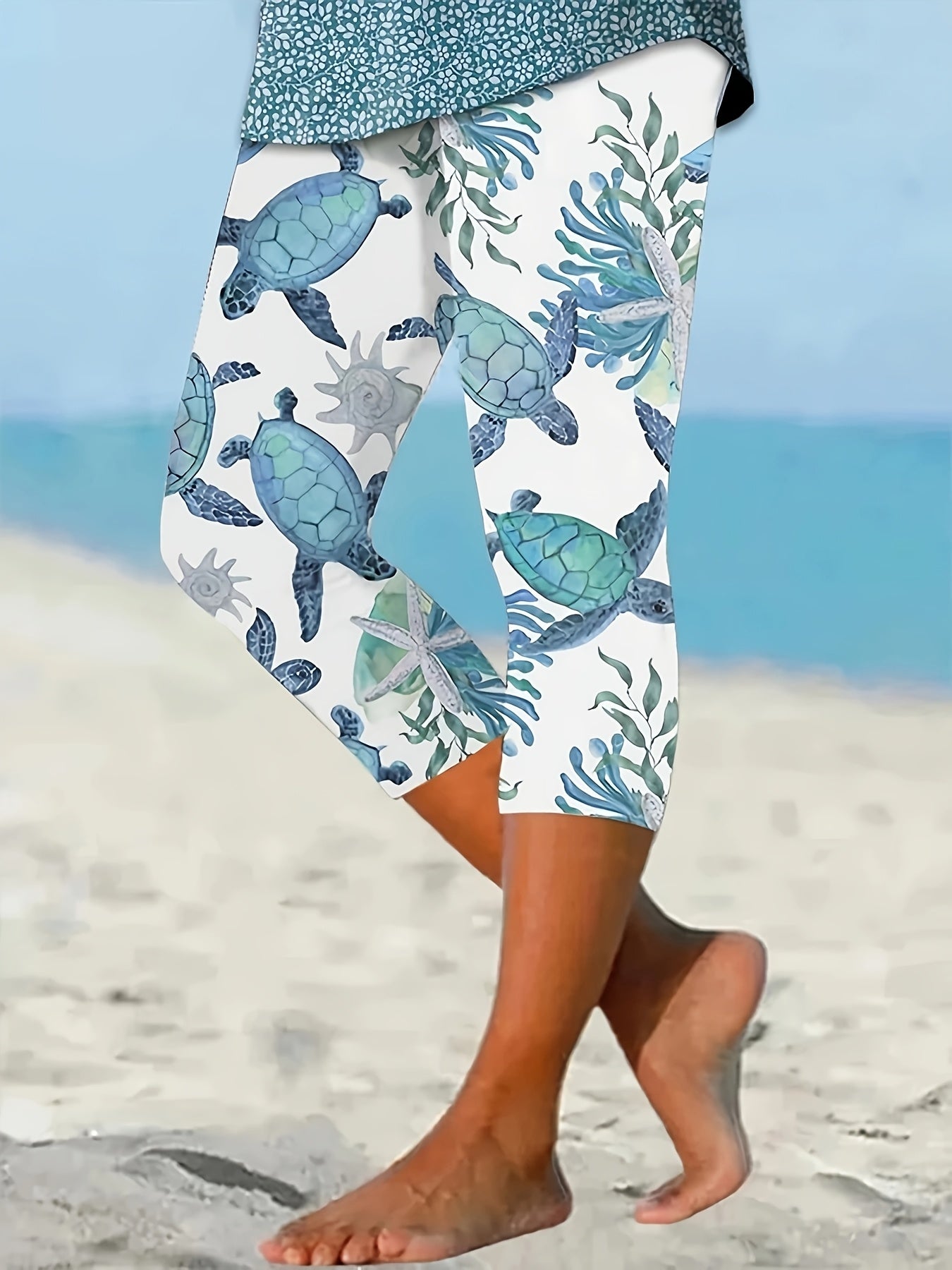 Plus Size Women's High-Waisted Yoga Pants Sea Turtle Print Stretchy Non-See-Through