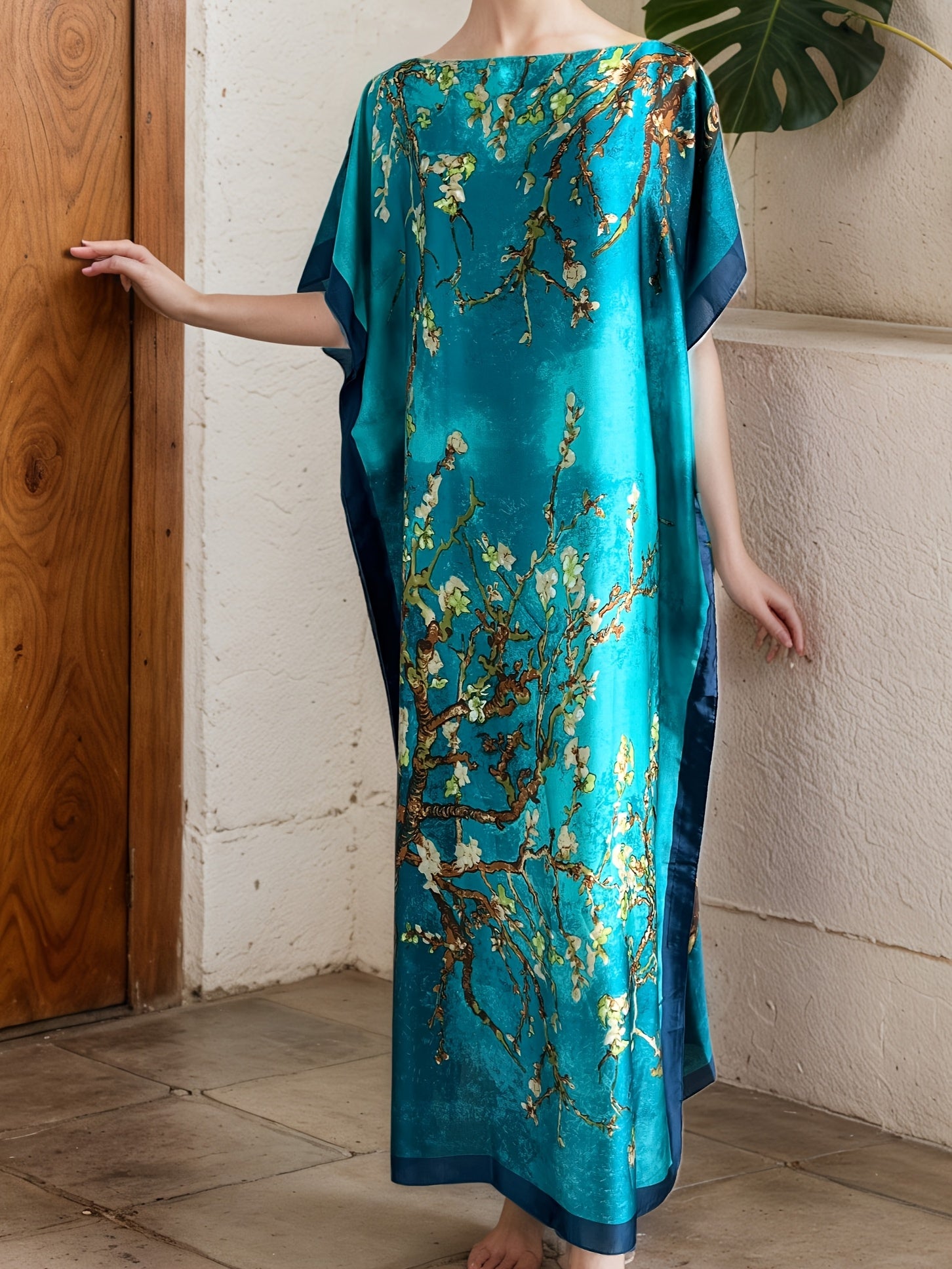 Plus Size Women's Floral Dress with Scarf Emerald Green Blue Peony Short Sleeve