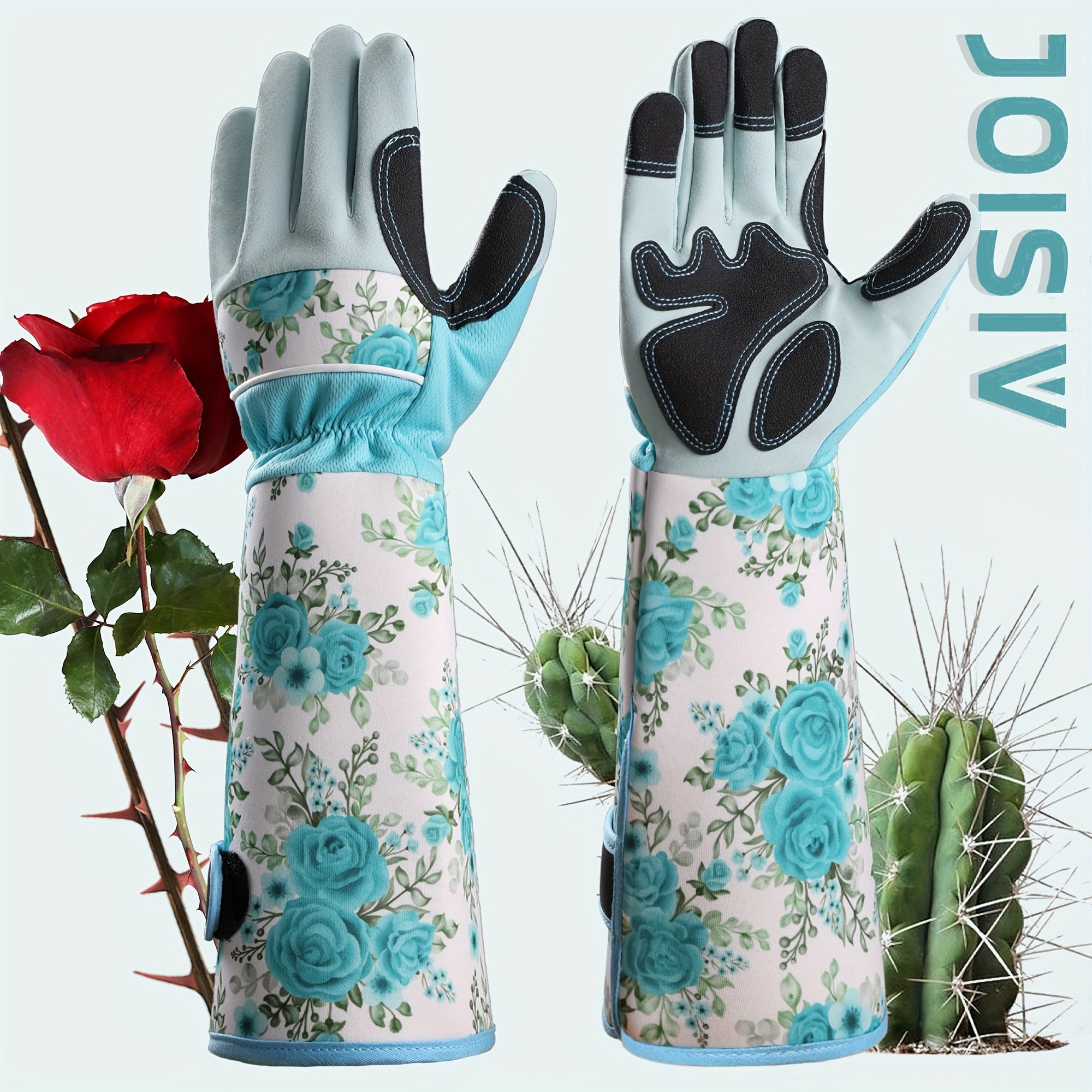 Guantes largos de jardinería para mujer, poliéster, a prueba de espinas, transpirables, con estampado floral azul