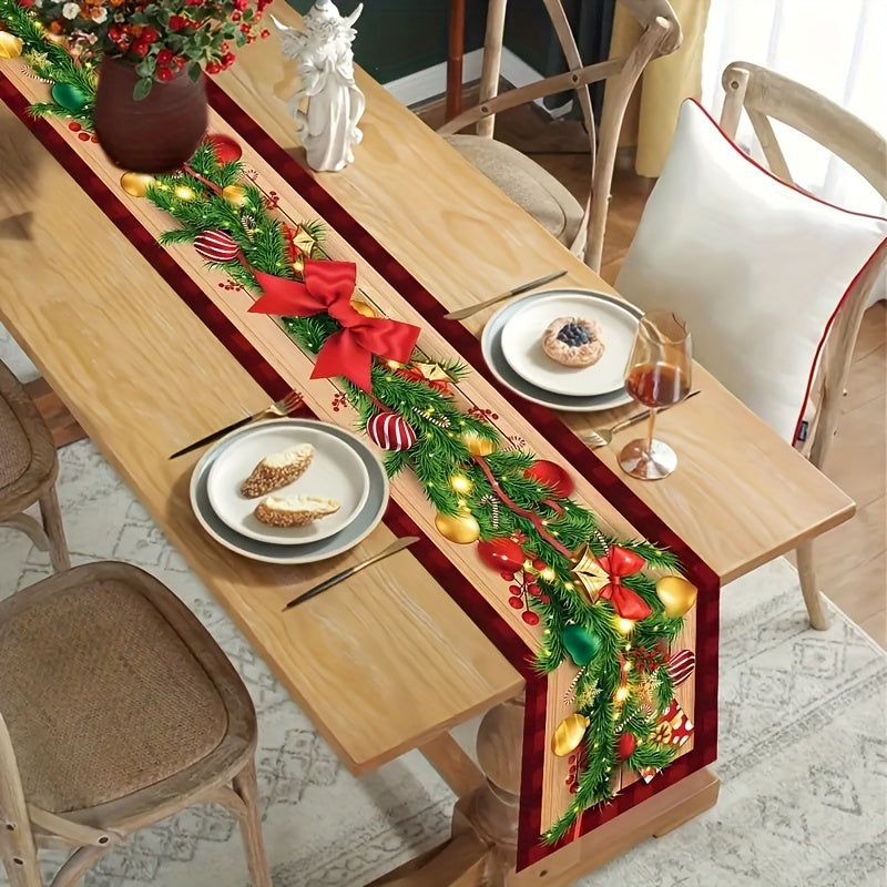 Linen Christmas Table Runner with Buffalo Plaid Merry Christmas Ball Pattern