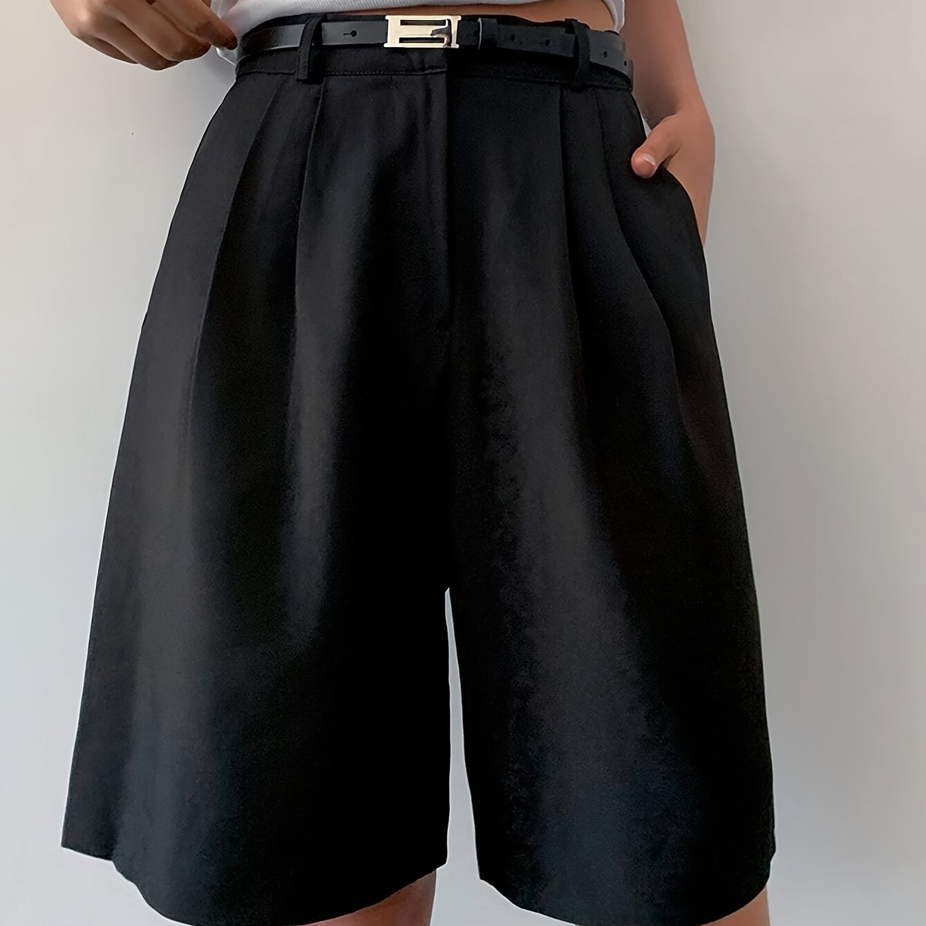 Plus Size Women's Bermuda Shorts Solid Polyester Casual Pockets