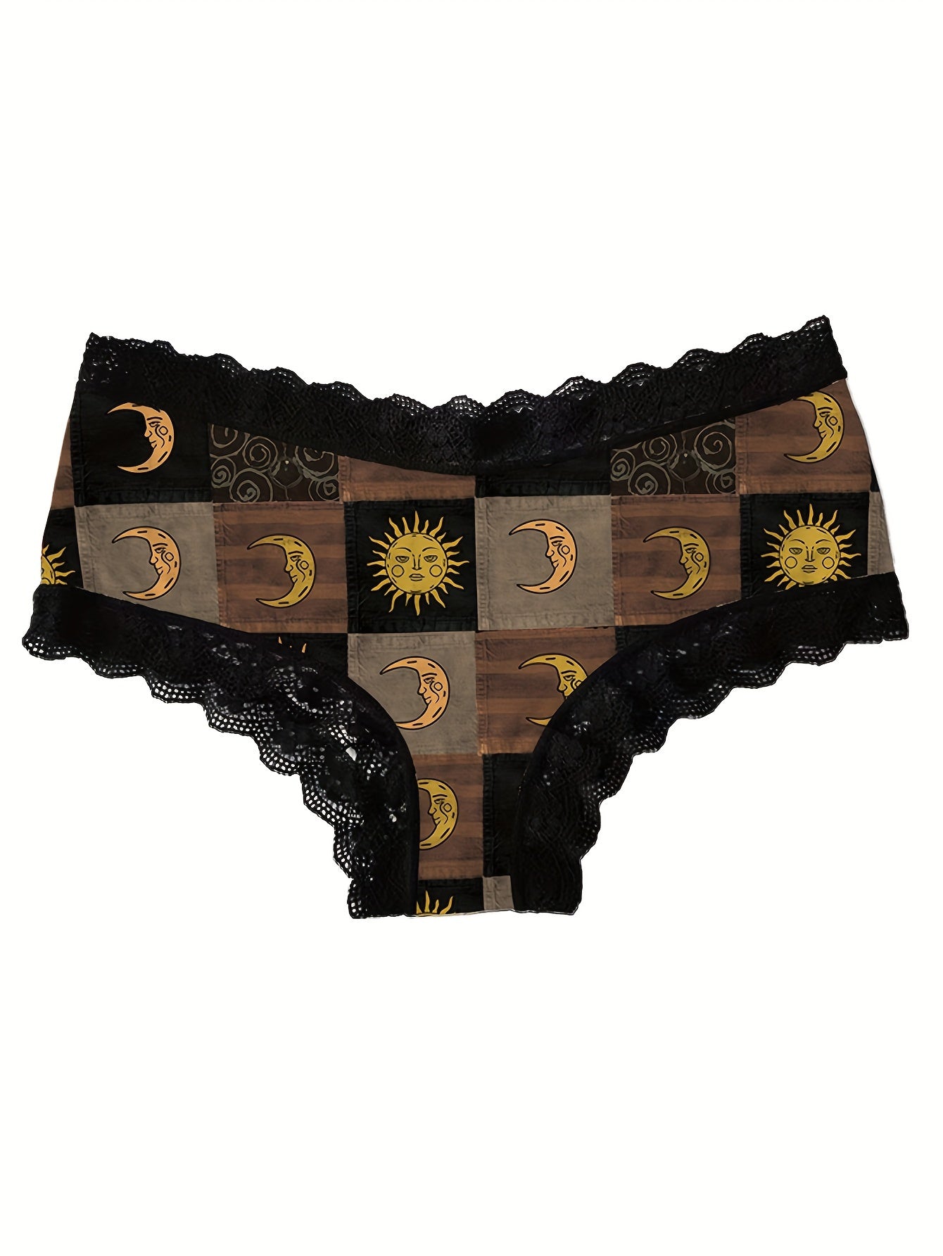 Women's Briefs Set of 3 Moon and Sun Print Lace Trim Breathable Stretchy Underwear