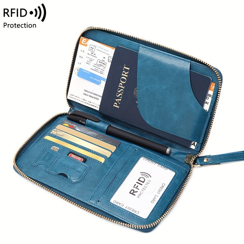 Brown RFID Blocking Travel Wallet with Zipper Closure and Wrist Strap for Passports and Cards