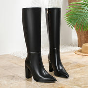 Ayollar uchun faux qoplamali qora tizzaga qadar bo'lgan blok poyafzal, zippersiz, yuqori qismli botinkalar