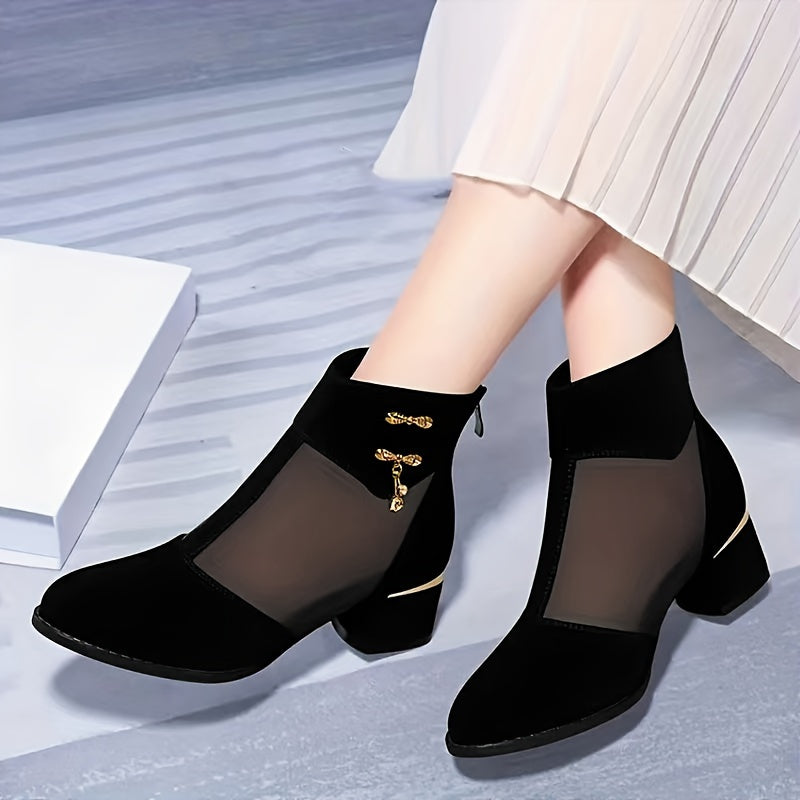 Women's Mesh High Heels with Crystal Accents and Chunky Block Heel