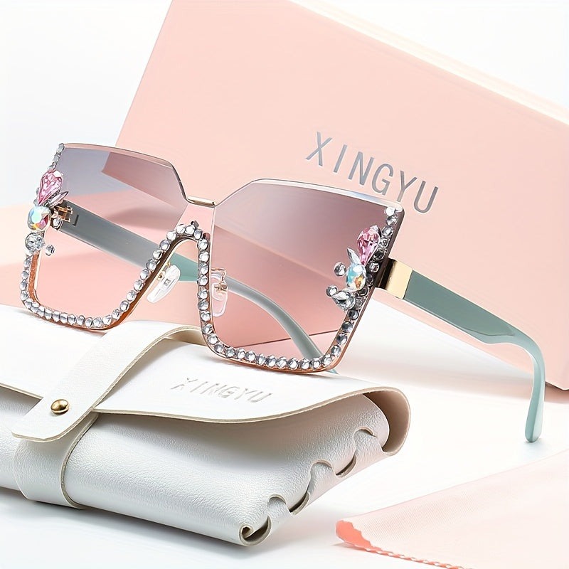 Large Square Rimless Sunglasses with Rhinestones and Gradient Lenses for Women
