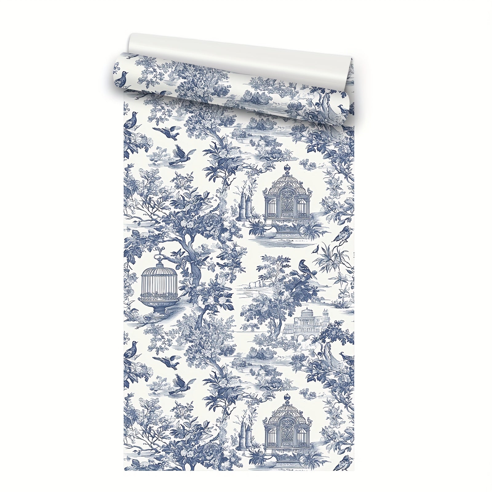 Retro Vinyl Wallpaper Blue Countryside Botanical Landscape Peel and Stick Waterproof Detachable for Home Decor