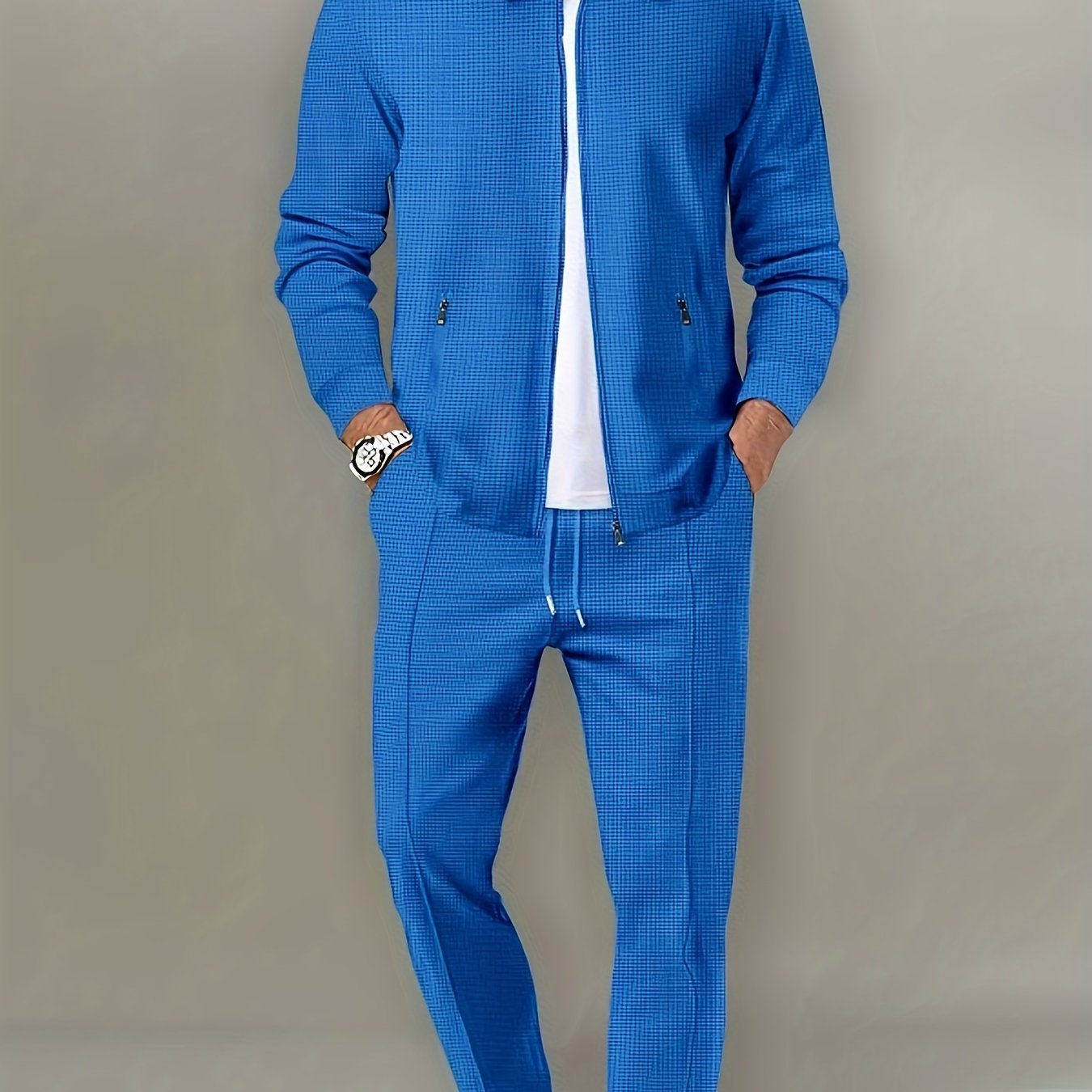 Men's Beige Waffle Knit Tracksuit Set Full-Zip Jacket and Jogging Pants Polyester Spandex
