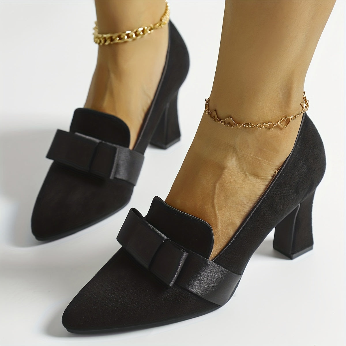 Women's Solid Color Bowknot Slip-On Pointed Toe Cone Heel Shoes