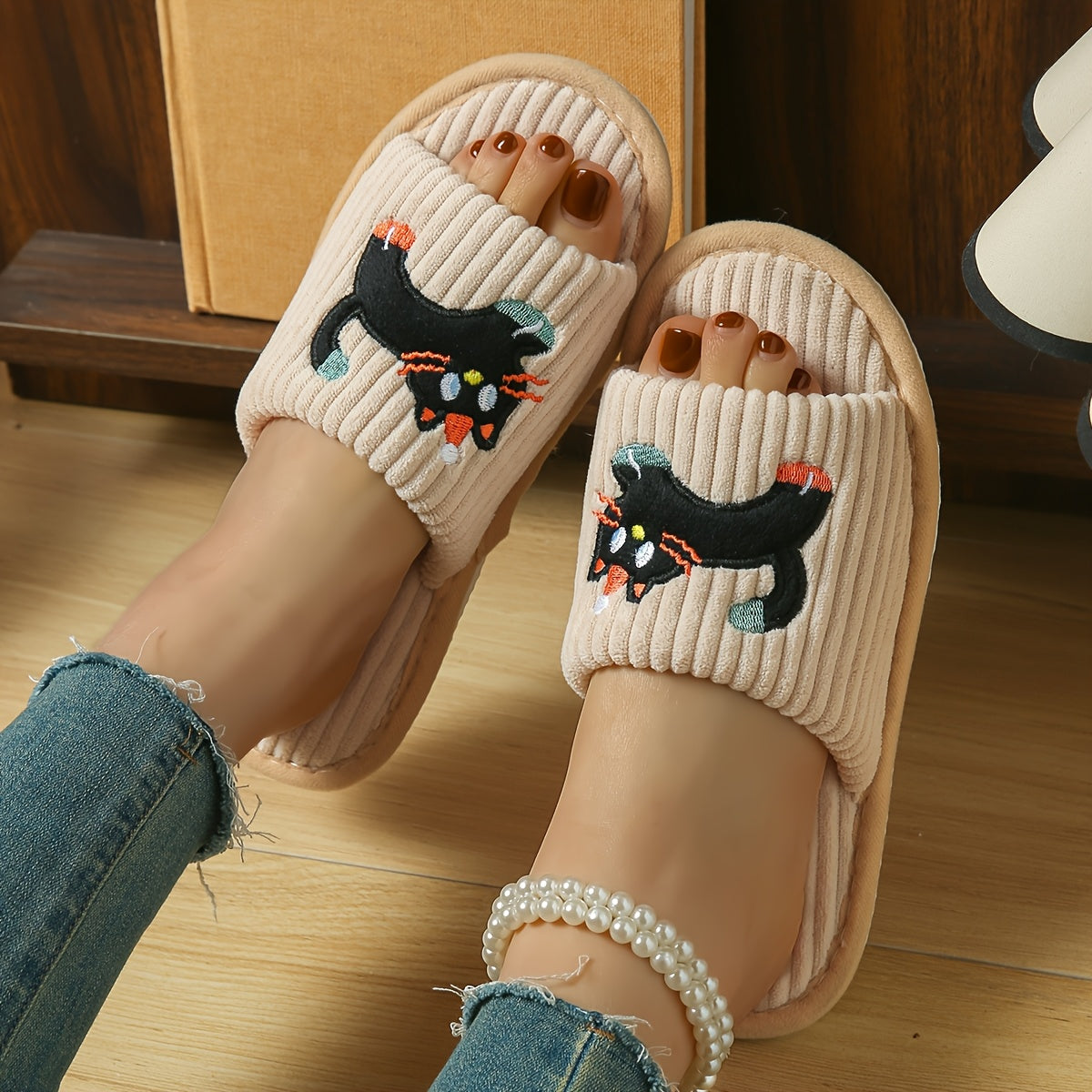 Women's Cotton Striped Cat Design Slip-On Home Slippers